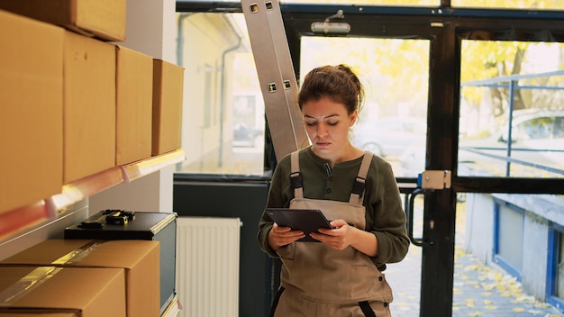 woman answering landline phone call talking headquarters before doing quality control young adult inspecting merchandise order shipment delivery small business production 482257 61728